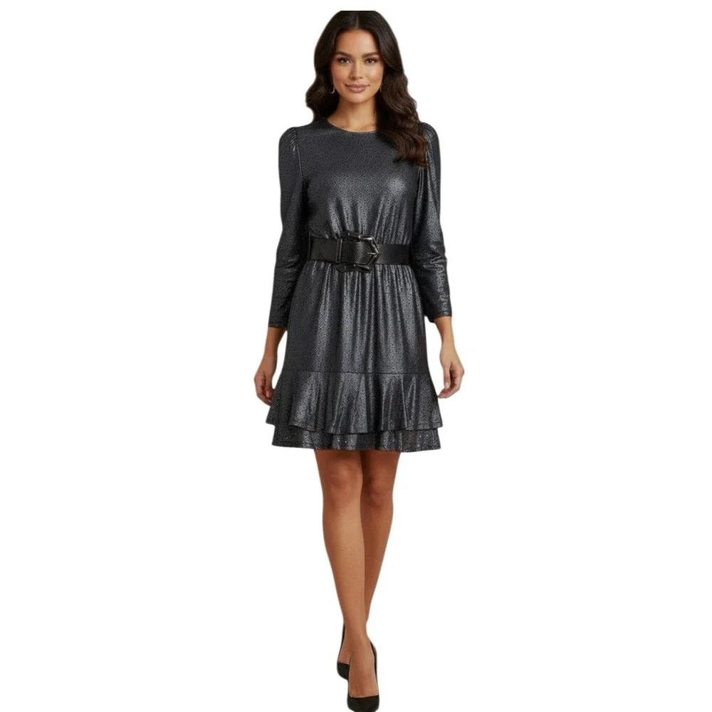Michael Michael Kors Black‎ Metallic Eyelet Ruffle Mini Dress Womens M No Belt